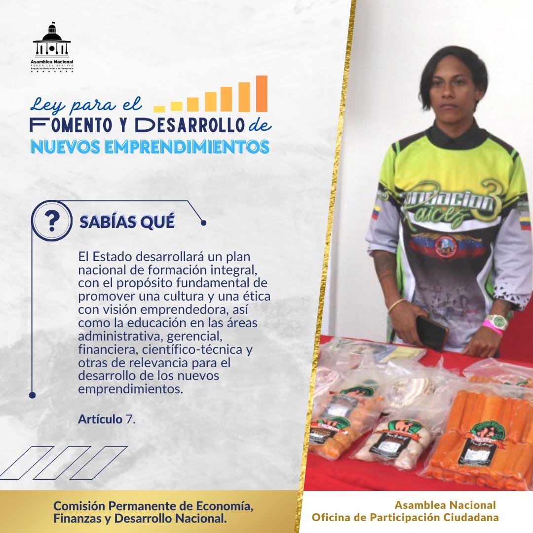 ¡Infórmate y emprende!  
Entérate como la LEY PARA EL FOMENTO Y DESARROLLO DE NUEVOS EMPRENDIMIENTOS, garantiza la formación integral de las y los emprendedores. #30May #RenacimientoDelSur  <a href="/NicolasMaduro/">Nicolás Maduro</a> <a href="/AmkValentina/">América Valiente🇻🇪</a> <a href="/jorgerpsuv/">Jorge Rodríguez</a> <a href="/pinfantea/">Pedro Infante A.</a>