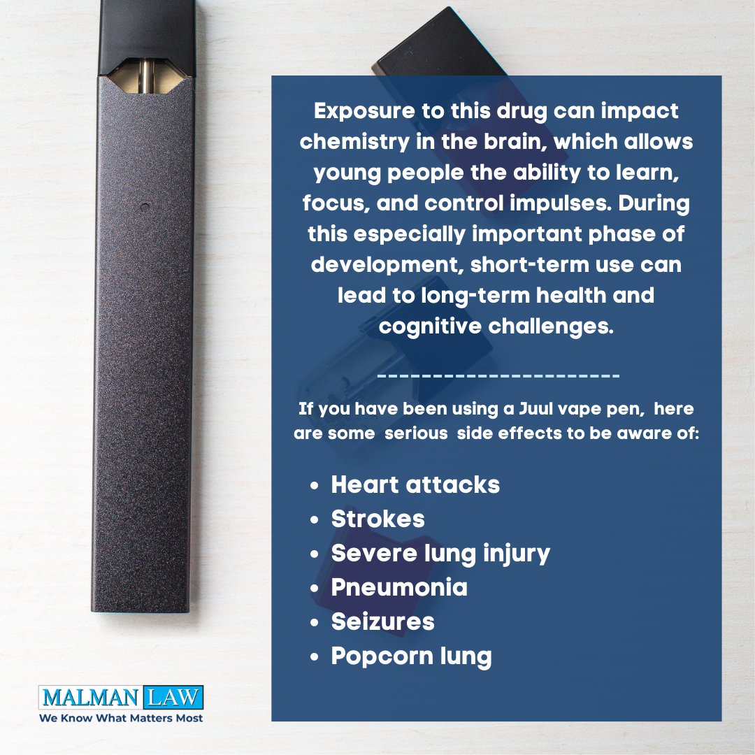 ChicagoPILawyer's tweet photo. If you have suffered side effects from the use of a Juul Vaping pen, you deserve to understand your rights to potential compensation!
Call us today to get a FREE case review: 1.888.310.9252 📞

#malmanlaw #chicago #workerscomp #fyp #trending https://t.co/V8qClv7EcN