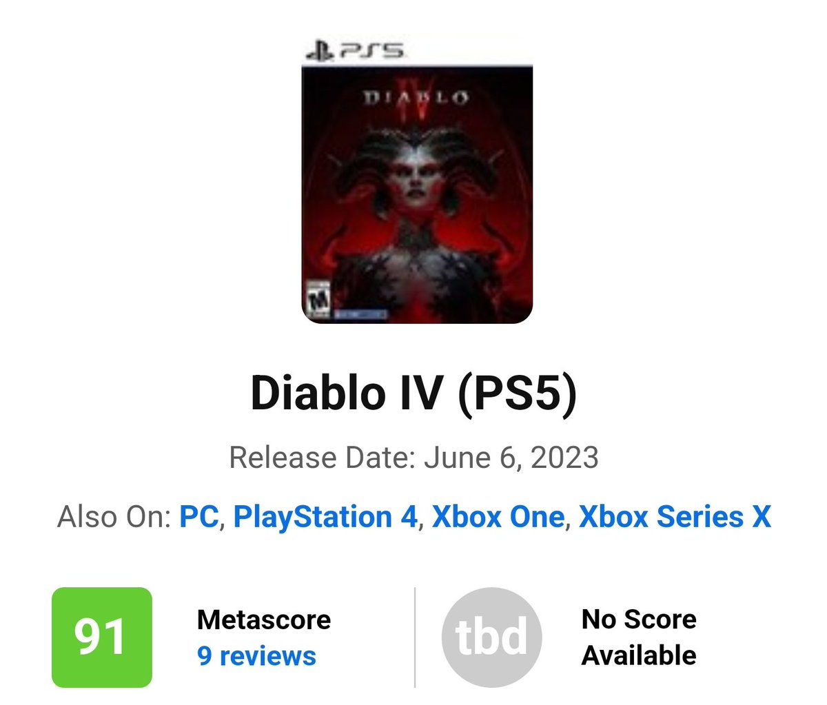 Diablo 4 Reviews are out.

VGC 5/5
IGN 9/10
Gamespot 8/10
TechRaptor 9.5/10
Wccftech 8.5/10
Press Start 9/10
Niche Gamer 9/10
WellPlayed 8.5/10
Windows Central  5/5
Push Square. 9/10

Opencritic (89):
opencritic.com/game/14353/dia…

Metacritic (PS5 91):
metacritic.com/game/playstati…