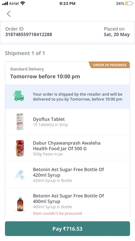 dipeshk898's tweet photo. I ordered medicine from this app on 20 May 2023 they are telling everyday it will come today tomorrow it will come don't know when it will come Gatiya app there is no fix for time #pharmEasy #medicine #Health #pharmacy #pharmeasy https://t.co/s24NY43e3s