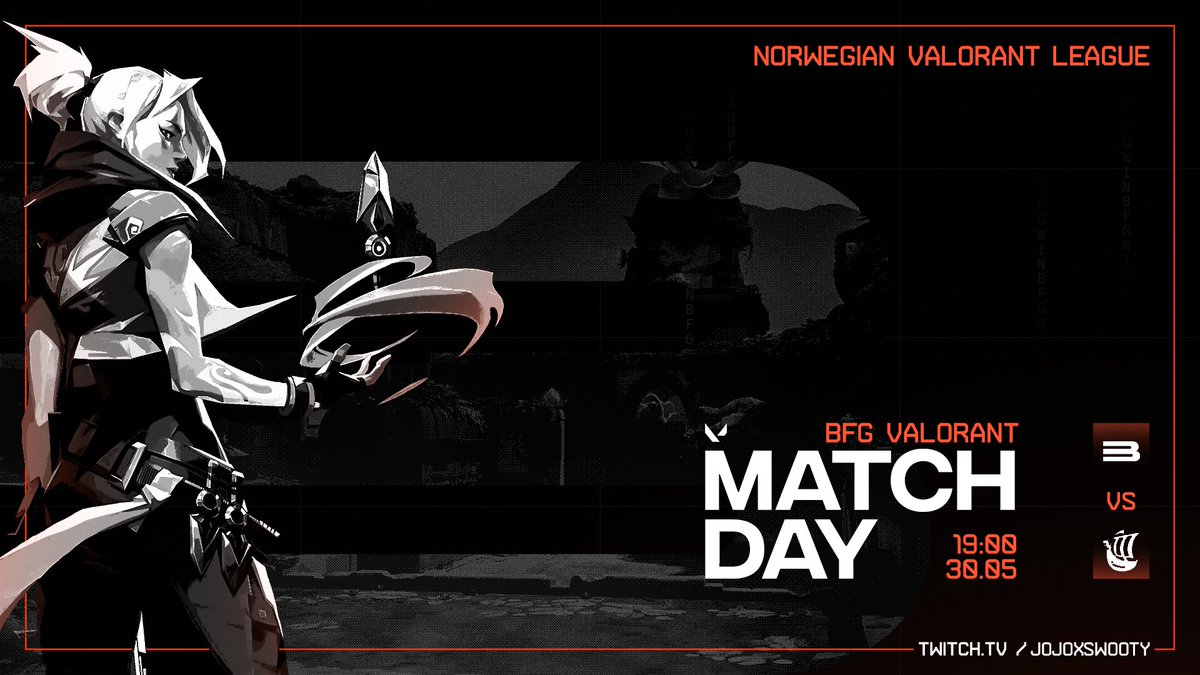 💥 Valorant Matchday 💥

Our team is ready to kick some ass today when we face Metizport in the Norwegian Valorant League 🤘

Join in to support and cheer for our team 🙏

🆚 <a href="/Metizport/">Metizport</a> 
🕕  19:00 cest 
📺  twitch.tv/jojoxswooty

#VALORANT #NVL #BFGLegends