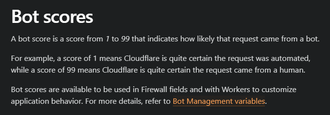 Cloudflare's bot detection is cool. Some notes: 1. Using HTTP/2 can increase your 'score' by ~20. 2. 'Anomalies' like lowercase headers are punished. 3. Your client 'JA3' fingerprint can lead to penalties (Python SSL socket == bot). 4. JA3 is also compared against your UA.