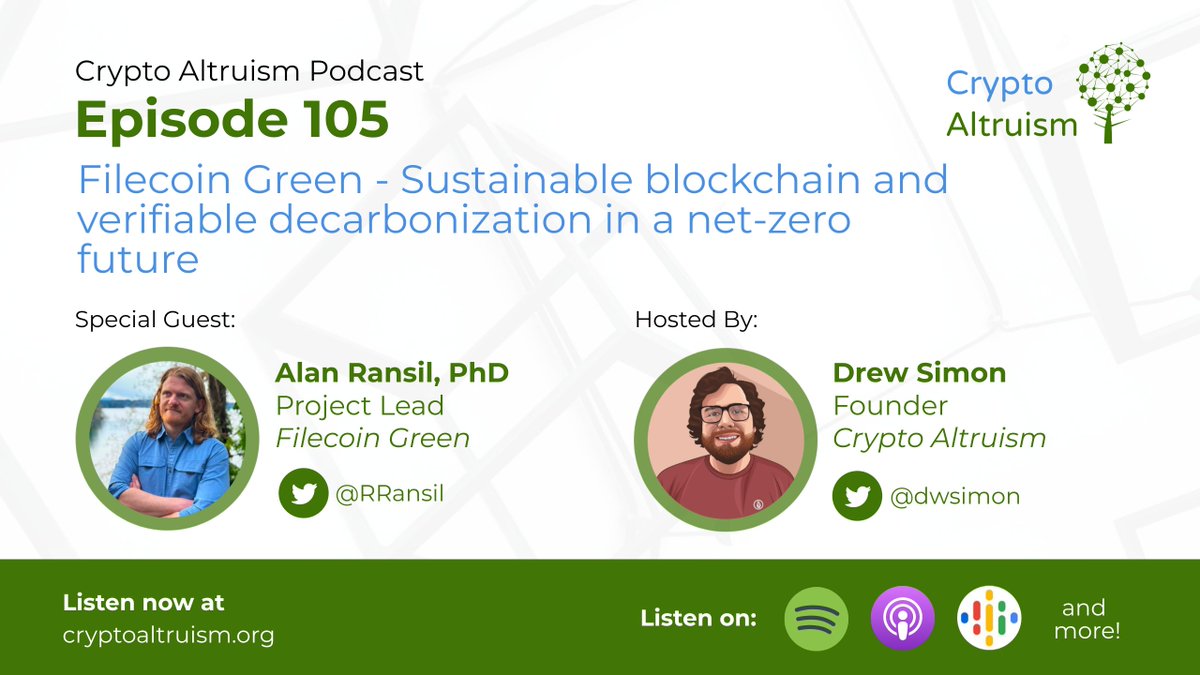 gm!🌞 Super excited to release ep. 105 ft. @RRansil of @filecoingreen 🙌👏 We discuss ✨The role of #blockchain in a net-zero future ✨#Web3 as a gamechanger for decarbonization efforts ✨Empowering those on the frontlines of the climate crisis w/ Web3 👉cryptoaltruism.org/blog/crypto-al…