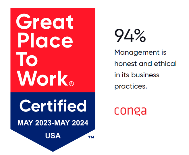 LifeAtConga's tweet photo. Operating with honesty and integrity is implicit in the Conga Way, so we're not surprised that in a recent #greatplacetowork survey of US colleagues, @CongaHQ's management team rated highly on this dimension. #GPTWcertified #NowHiring https://t.co/ZvyzO1ph7r