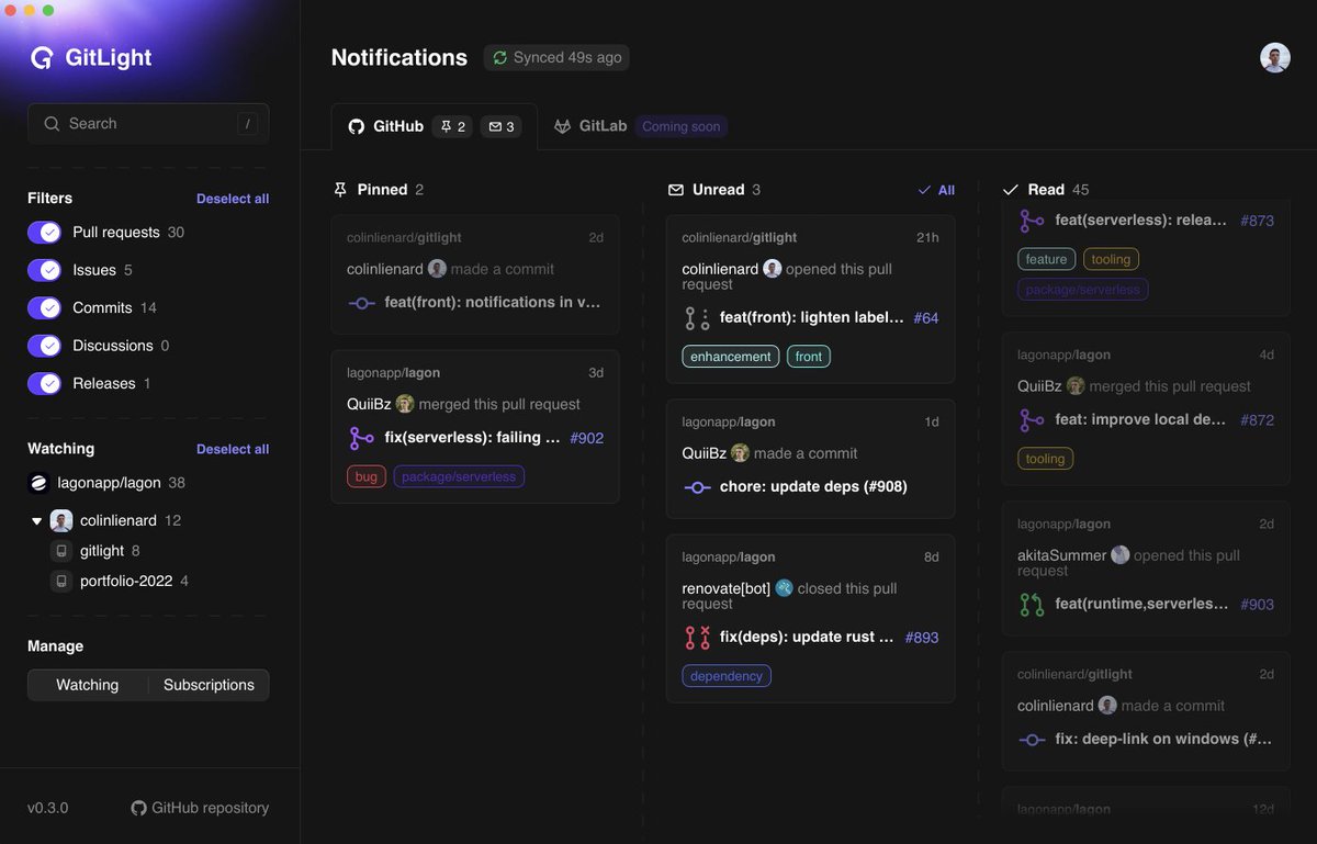 colinlienard's tweet photo. Introducing GitLight ✨ - GitHub and GitLab notifications on your desktop, open-source, made with @TauriApps and @sveltejs

I've been working on this project for a few months now and I think it's time to share it! (Not all the features are finished yet)

https://t.co/AnhOuyFe36 https://t.co/iJazxDYcGk