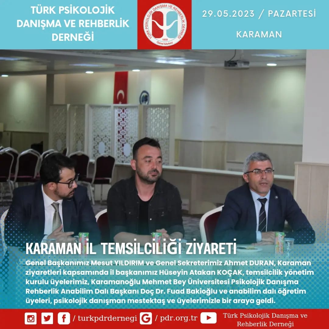 turkpdrdernegi's tweet photo. Genel Başkanımız Mesut YILDIRIM ve Genel Sekreterimiz Ahmet DURAN, Karaman  ziyaretleri kapsamında il başkanımız Hüseyin Atakan KOÇAK, temsilcilik yönetim kurulu üyelerimiz, Karamanoğlu Mehmet Bey Üniversitesi Psikolojik Danışma Rehberlik Anabilim Dalı Başkanı Doç Dr. Fuad Bakioğlu ve anabilim dalı öğretim üyeleri, psikolojik danışman mestektaş ve üyelerimizle bir araya geldi. Dernek çalışmalarına ilişkin görüş alışverişinde bulundular, alanımızın mevcut gündemi değerlendirdiler, taleplerini dinlediler.

Organizasyon için il başkanımıza, ev sahipliği için de Karamanoğlu Mehmet Bey Üniversitesi PDR Anabilim Dalı Başkanı Doç. Dr. Fuad Bakioğlu ve değerli hocalarımıza teşekkür ederiz.

@turkpdrdernegi 
@turk_pdr