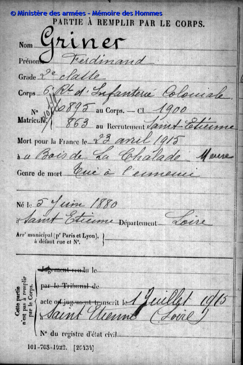 Le_Chtimiste's tweet photo. Ferdinand GRINER du 6ème régiment colonial - Mort pour la France le 23 avril 1915 au bois de la Chalade (55) - Merci à Hervé- https://t.co/KpJrRbsZFF #6eRIC #Chtimiste https://t.co/G7ARFKSMYk