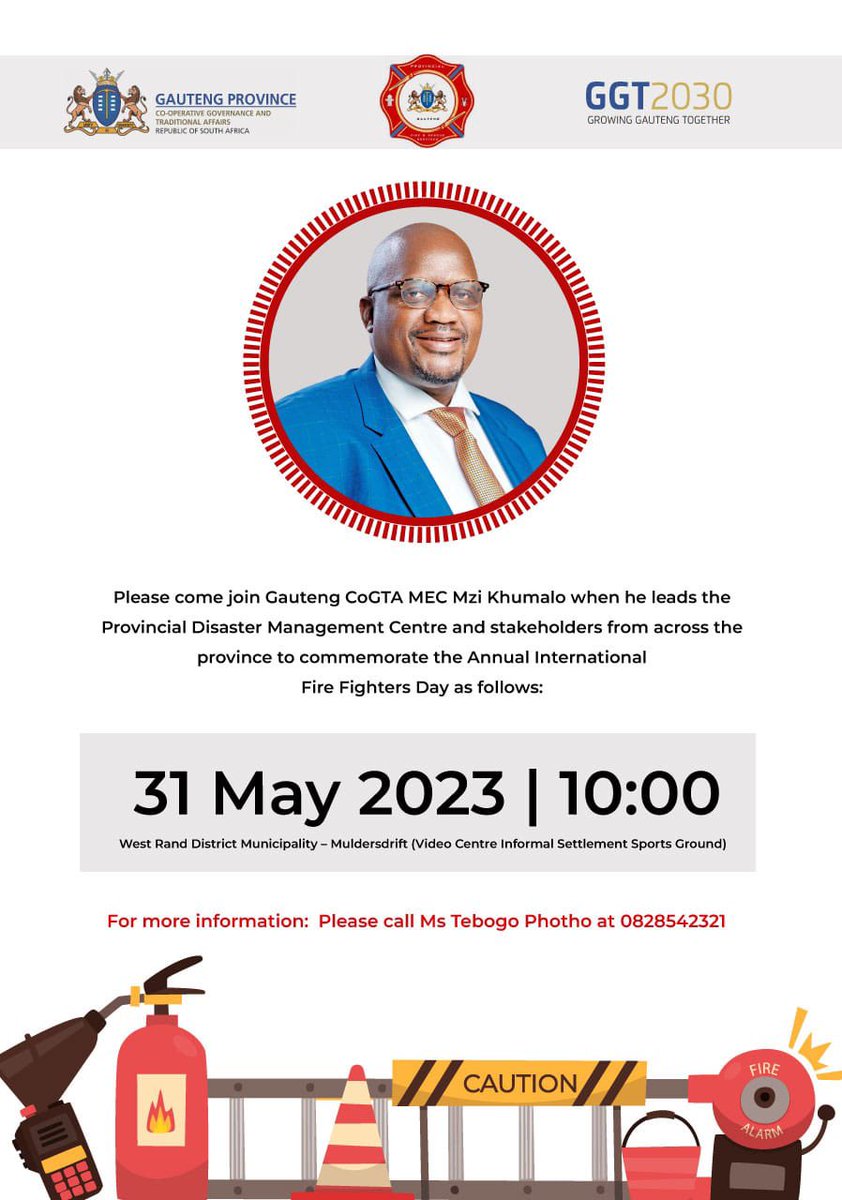 GDCoGTA's tweet photo. 👩🏾🚒 #InternationalFireFightersDay
Please join MEC @MziKhumalo_ when he leads the @GautengPDMC and stakeholders from across the province to commemorate the Annual International Fire Fighters Day.
🗓️ 31 May 2023
🕑 10:00 am
📍Muldersdrift
#IFFD2023 https://t.co/psZslNy9HR