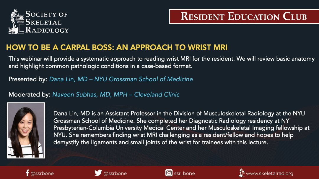 Society of Skeletal Radiology (@ssrbone) on Twitter photo Join our last REC of the academic year as <a href="/danajlin/">Dana Lin</a> from <a href="/nyu_mskrad/">NYU_MSK Radiology</a> teaches us to be carpal bosses on Wed, 06/14!
Register here👇
skeletalrad.org/resident-educa…
<a href="/naveen_subhas/">Naveen Subhas</a> @KurraChandana <a href="/VivekKaliaMD/">Vivek Kalia, MD MPH</a> <a href="/SoteriosGyft/">Soterios Gyftopoulos MD MBA MSc</a> <a href="/cychang1414/">Connie Y Chang</a> <a href="/ssr_rwg/">SSR_RWG</a> <a href="/RadiologyChicks/">RadCX™</a> <a href="/AAWR_org/">AAWR</a> #radres #MSKrad Join our last REC of the academic year as <a href="/danajlin/">Dana Lin</a> from <a href="/nyu_mskrad/">NYU_MSK Radiology</a> teaches us to be carpal bosses on Wed, 06/14!
Register here👇
skeletalrad.org/resident-educa…
<a href="/naveen_subhas/">Naveen Subhas</a> @KurraChandana <a href="/VivekKaliaMD/">Vivek Kalia, MD MPH</a> <a href="/SoteriosGyft/">Soterios Gyftopoulos MD MBA MSc</a> <a href="/cychang1414/">Connie Y Chang</a> <a href="/ssr_rwg/">SSR_RWG</a> <a href="/RadiologyChicks/">RadCX™</a> <a href="/AAWR_org/">AAWR</a> #radres #MSKrad