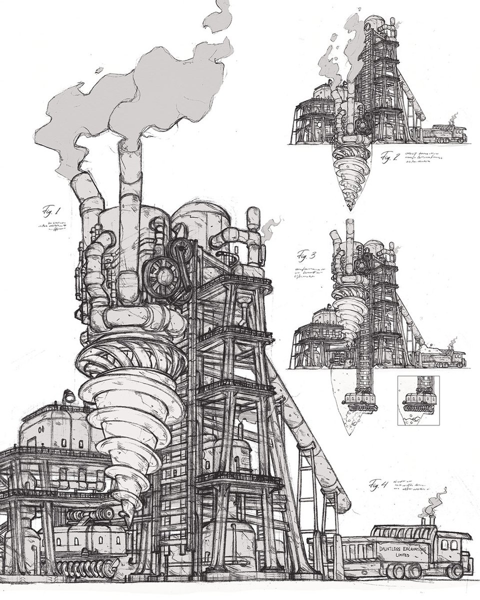 The BFD, a building size megadrill. A bright color body would be cool to see caked in dirt. Thought?

The drill follows the tracks down, then a 2nd  track-laying cart slides down to extend the tracks allowing the drill to go further. 
#vehicledesign #conceptart #sketchbook