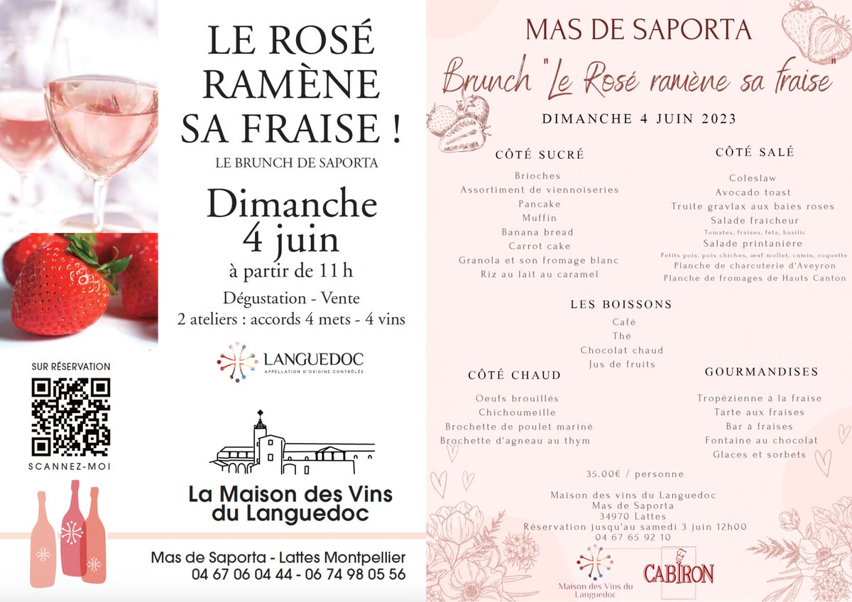 Rendez-vous dimanche 4 juin ! 🍷☀️🇫🇷🍓  Brunch à volonté à Saporta ( @AOPLanguedoc) en compagnie de 4vignerons
« Le rosé ramène sa fraise » pour la fête des mères, 
Plus d'infos @claapfr 👇 claap.fr/2023/05/29/bru…
#oenotourisme #winetravel #wineexperience #vinsdulanguedoc