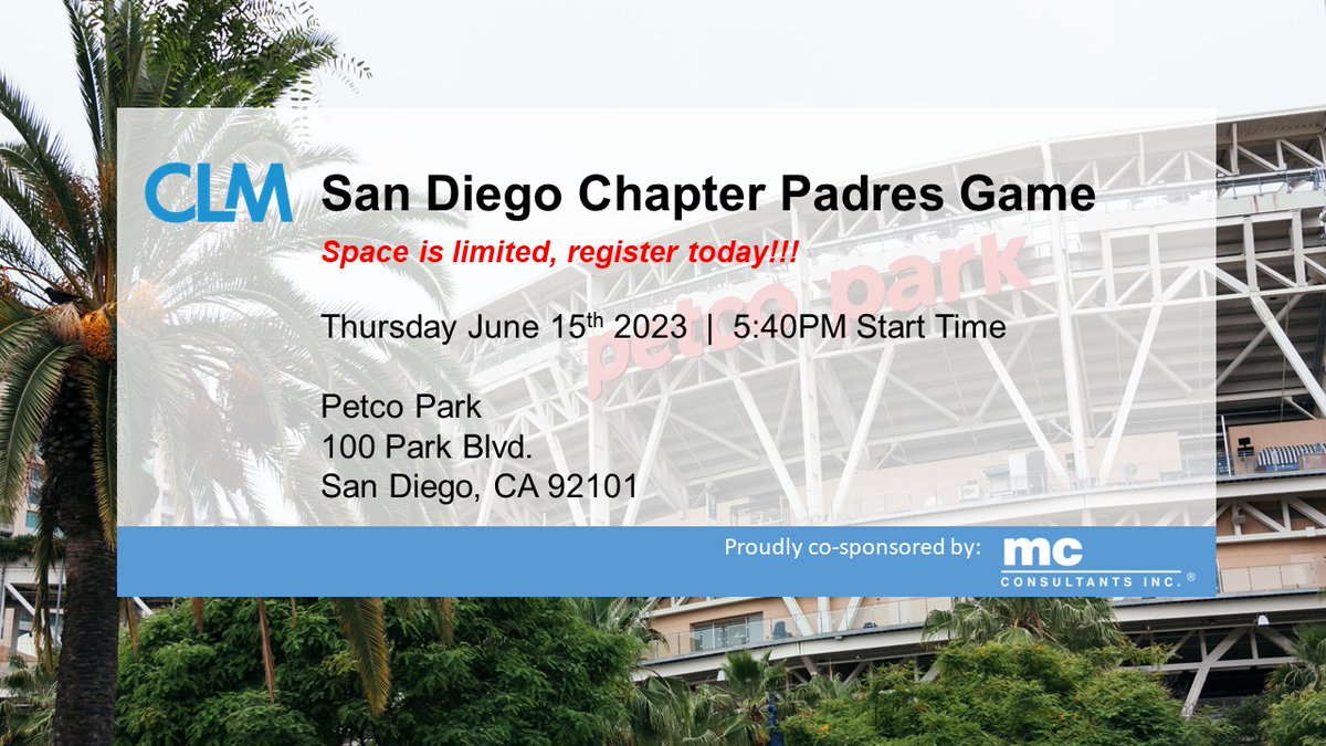mccforensics's tweet photo. MC Consultants is a co-sponsor of the CLM San Diego Chapter Padres Game on Thurs. JUNE 15 for an evening of networking and baseball hosted by the San Diego Padres vs. Cleveland Guardians!
Click here to register: https://t.co/sowuSuiuUo
#CLMChapter @TheCLMalliance https://t.co/owM4ZNJhrE