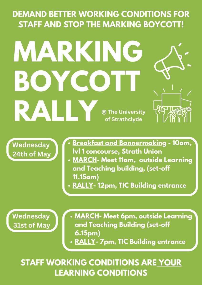 Tomorrow we’re marching to support @StrathclydeUCU. Come join us and demand better working conditions for staff and remind @UniStrathclyde who really makes it the “place of useful learning”! 

RTs appreciated

#settlethedispute #ucuRISING