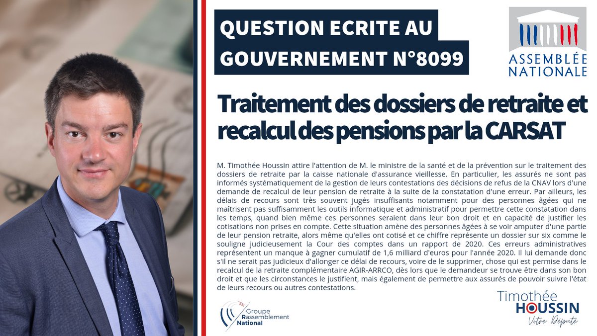 T_Houssin's tweet photo. ✍️ [#QuestionEcrite] En cas d'erreur dans le calcul de votre #retraite, les délais de recours sont trop courts. Il faut les allonger ou les supprimer. 

➡️ Des travailleurs sont privés d'une pension légitime ! https://t.co/r5w52xkiyJ