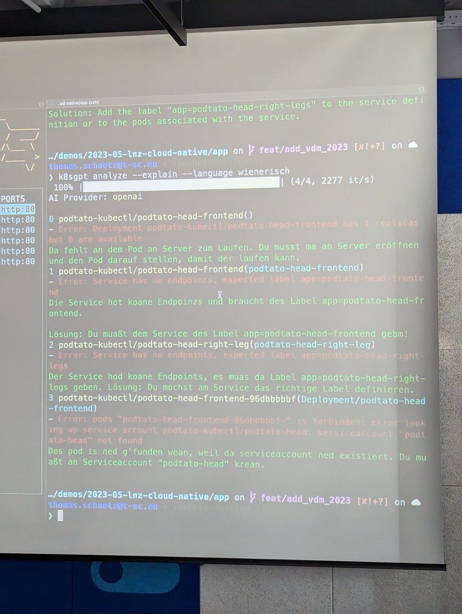 JΓΌrgen Etzlstorfer π¨π»βπ»β
(@jetzlstorfer) on Twitter photo <a href="/CloudNativeLinz/">Cloud Native Linz</a> <a href="/Cloudflightio/">Cloudflight</a> @ThSchue It even works in "Wienerisch" πππ
#k8sgpt <a href="/CloudNativeLinz/">Cloud Native Linz</a> <a href="/Cloudflightio/">Cloudflight</a> @ThSchue It even works in "Wienerisch" πππ
#k8sgpt