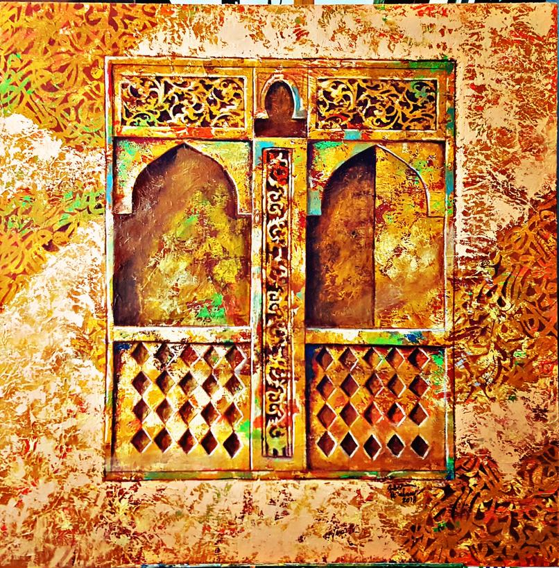 لوحة عبق الماضي وجماله حيث اهتم العمانيين بزخرفة وتزين الابواب والشبابيك مما يدلل على مهارتهم وحسهم الفنى المميز