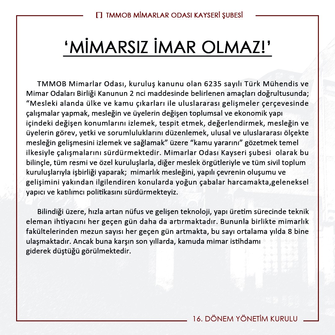 kaymimod_'s tweet photo. Yapı ruhsat süreçlerinin tam anlamıyla mevzuatlara uygun ilerlemesi adına tüm belediyelerimizin ilgili bölümlere mimar istihdamı sağlamasını talep ediyoruz ve “MİMAR’SIZ İMAR OLMAZ.” diyoruz. https://t.co/mnXvDjvAra