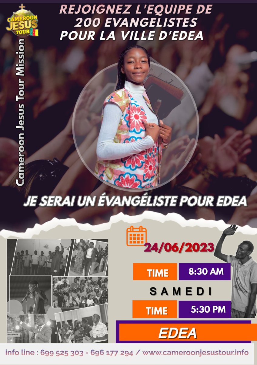 CmrJesusTour's tweet photo. "Cameroon Jesus TOUR 2023 : Une célébration du Christ à travers le Cameroun. Ne manquez pas cette expérience inoubliable!"
 s’inscrire en cliquant sur le lien ci-dessous
https://t.co/SN1jEMttKK https://t.co/BMUu4jVl3k