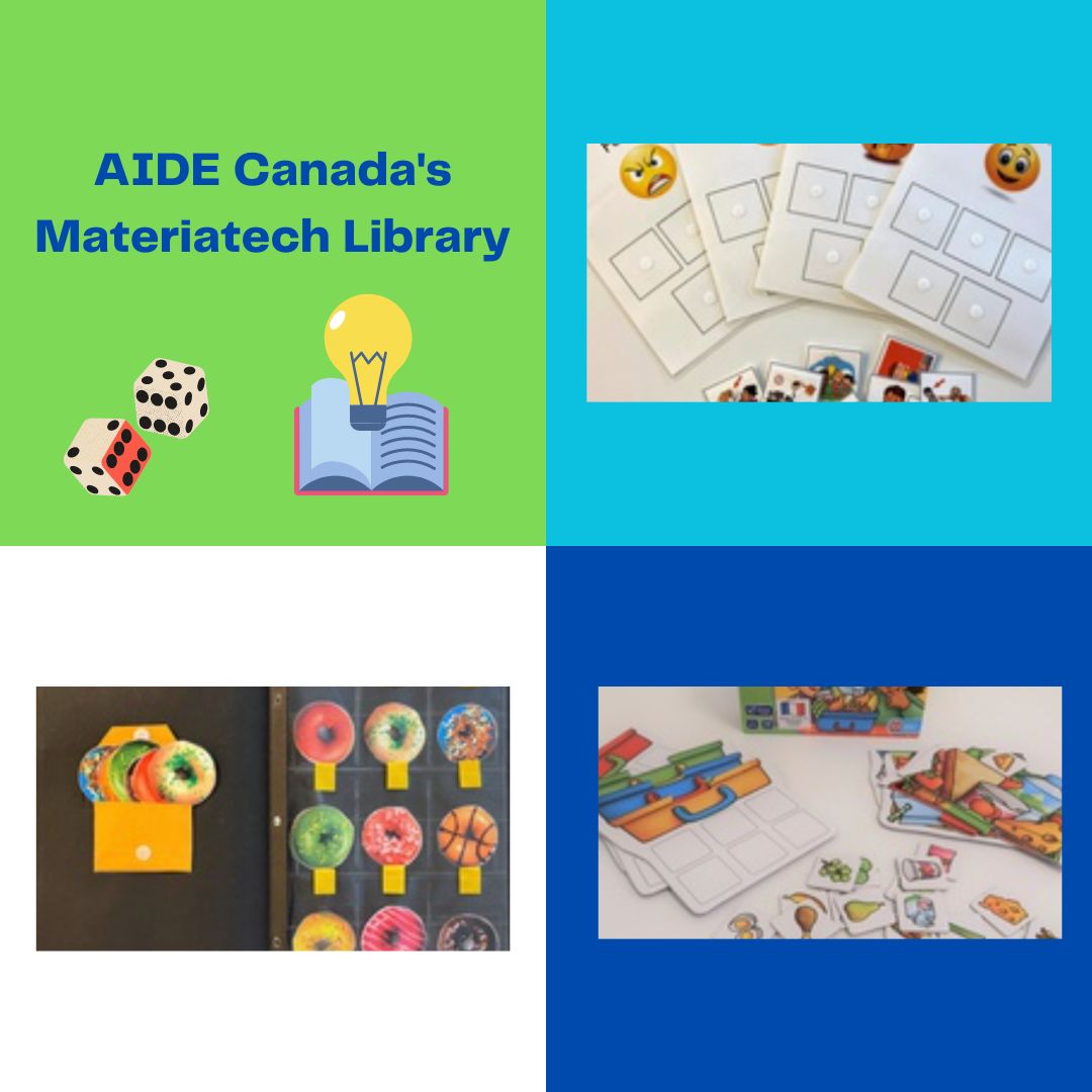 You can borrow games, visual tools and educational toys from <a href="/aidecanada/">aidecanada</a> ! The Materiatech library is just like the Online Lending Library- but for games and tools.
Materiatech items are free to borrow and come with a prepaid return shipping label. materiatech.aidecanada.ca/catalog/?p=1