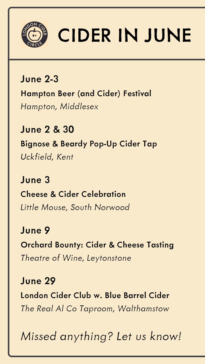 Some fine cider events in and around London and the SE in June ⤵️

If you have any others to recommend, send them over.

#londoncider