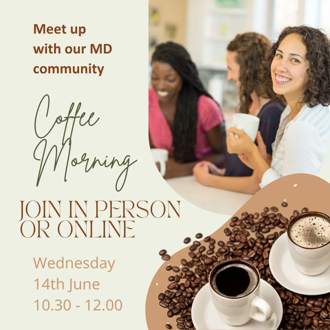 Join us for our In Person Coffee Morning Wednesday, 14th June 10.30 -12.00 at our HQ  in Coventry. More info here bit.ly/MDSCevents