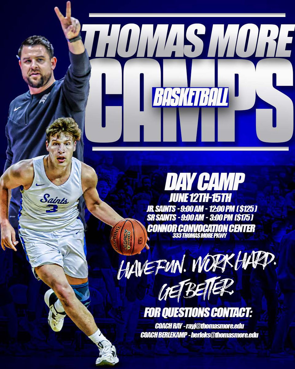 🚨🚨 CAMP SZN🚨🚨

Our summer day camp is right around the corner. Join us for fun week of camp June 12th - 15th. Register below.

⬇️⬇️⬇️⬇️⬇️⬇️⬇️⬇️⬇️⬇️⬇️⬇️

…omasmoremensbasketball.totalcamps.com

For any questions contact:
Coach Berlekamp - berleks@thomasmore.edu

#LetsGoSaints