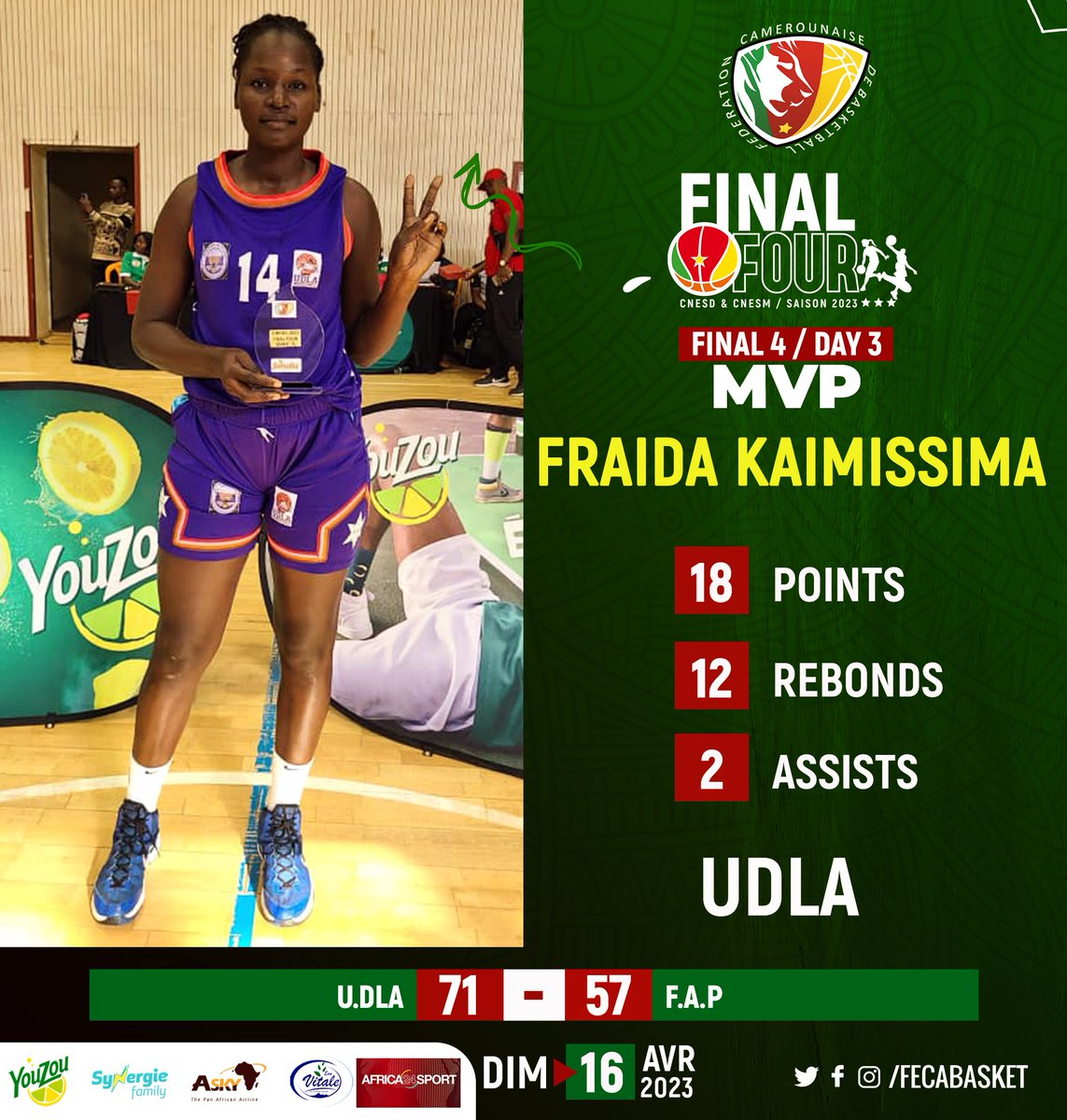 FECABASKET's tweet photo. MVP de la 3ème journée du #Final4 chez les dames.💥🙌🇨🇲🎯
#CNESD #elitesd2023🏀🇨🇲 #FibaAfrique #Douala #Yaounde #cameroon #getogether #Final4 https://t.co/96I80BHC0a