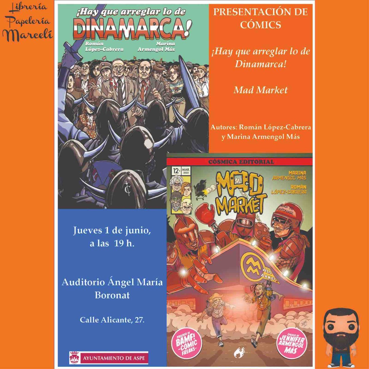 Este Jueves día 1, no tenemos una presentación, tenemos dos a la vez. 

Marina Armengol y Román López Cabrera presentan sus dos últimos cómics.

¡Hay que arreglar lo de Dinamarca! y Mad Market, ambos en toque de humor.

En el Auditorio Ángel María Boronat

Organiza <a href="/aytoaspe/">Ayuntamiento de Aspe</a>