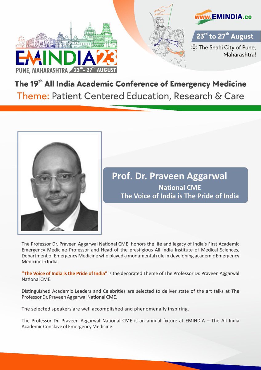 "The Voice of India is the Pride of India"
is the decorated Theme of The Professor Dr. Praveen Aggarwal National CME.

Know our distinguished speakers.

Do not miss on top academics! 
Register today! 

Link: emindia.Co