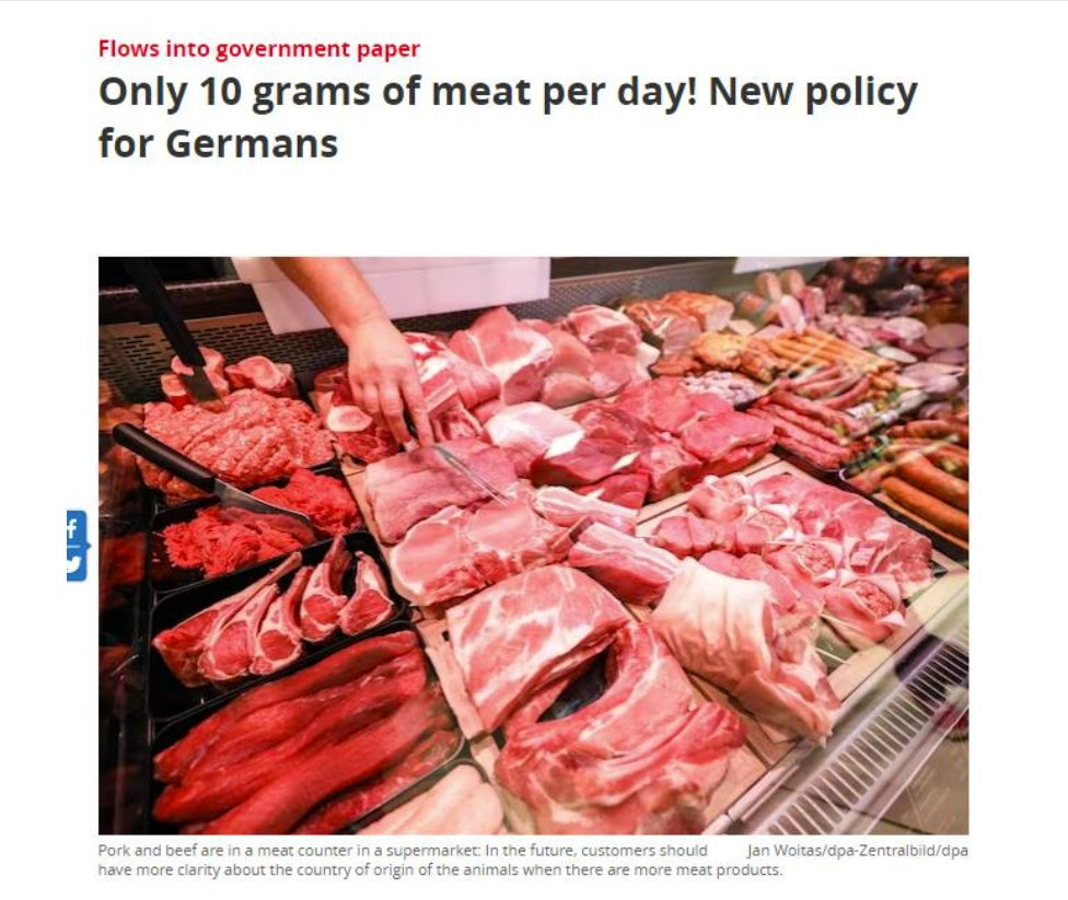 The radical left wing German government wants to limit meat consumption to a maximum of 10 grams per day.

10 grams. 

A typical steak is 8 ounces. 28.35 grams in one ounce. So you can have approx 1/20th of a steak per day which is like 1 bite. Maybe 2 bites.