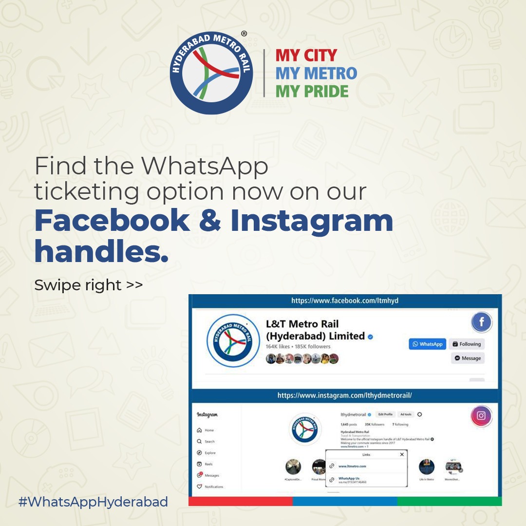 ltmhyd's tweet image. Spell speed and convenient ticket booking on WhatsApp. Simply text hi to +91 8341146468 and pay the amount, and get your QR tickets, right on your mobile.

Our Instagram and Facebook handles now offer the WhatsApp ticketing feature. Just click on it, and you&apos;ll have your tickets…