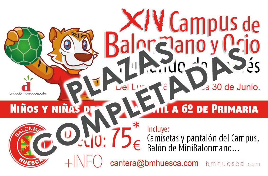 ☑️ Completadas todas las plazas disponibles para el campus de Verano. 

A falta de unas semanas nos vemos obligados a cerrar inscripciones por haber completado el aforo disponible.

#BmHuesca #FHD #Cantera #CampusDeVerano #MiniBalonmano #Handball