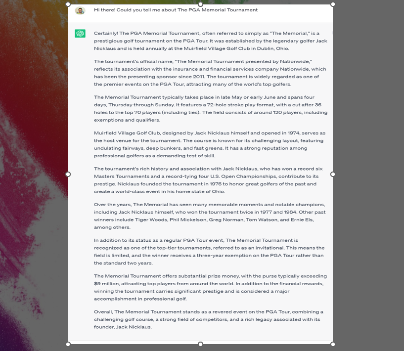 ROZgolfer23's tweet photo. First up is our #CourseHistory Cheatsheet which covers the extensive history here at Muirfield Village. I asked @OpenAI's chatgpt to tell me a bit about the course and the tournament, and here are the results... A 🧵
Notes:
- Designed by Jack Nicklaus
- Opened in 1974 https://t.co/KHciMdt374