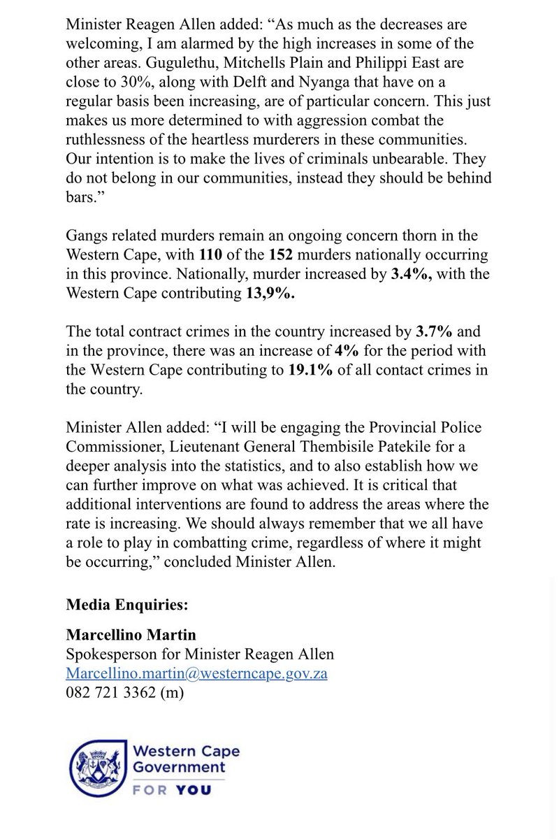 Joint statement @alanwinde & @ReagenAllen 4TH QUARTER CRIME STATS SHOWS MURDER DECREASE IS BIGGEST IN WESTERN CAPE @WesternCapeGov #CrimeStats #ForYou