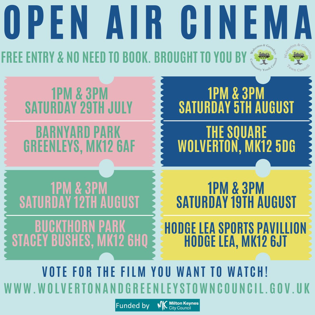 WandGTC's tweet image. Only a couple of weeks left to get your votes in for the open air cinema events throughout the parish! Get these dates in your diary and vote for the films at: …lvertonandgreenleystowncouncil.gov.uk/Whats_On_2174.… 🌞📽️🍿

#wgtc #openaircinema #wolvertonandgreenleystowncouncil #communityyouthcouncil #wgtccyc