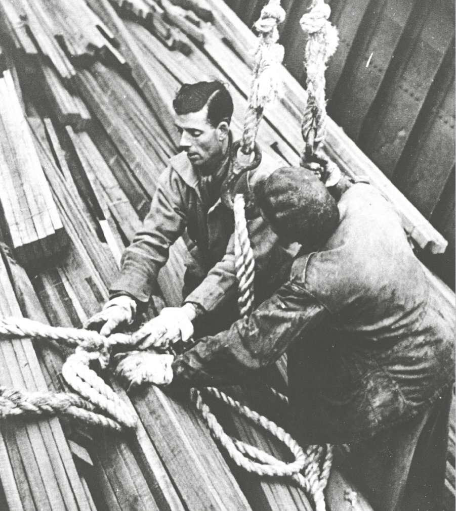 #TBT all the way to 1949 at the Surrey Commercial Docks, where “Stevedores” (people who loaded and unloaded cargo from ships at the dock) were handling Australian walnut to be used in the House of Commons! #CanadaWater #HistoryOfLondon #LondonHistory