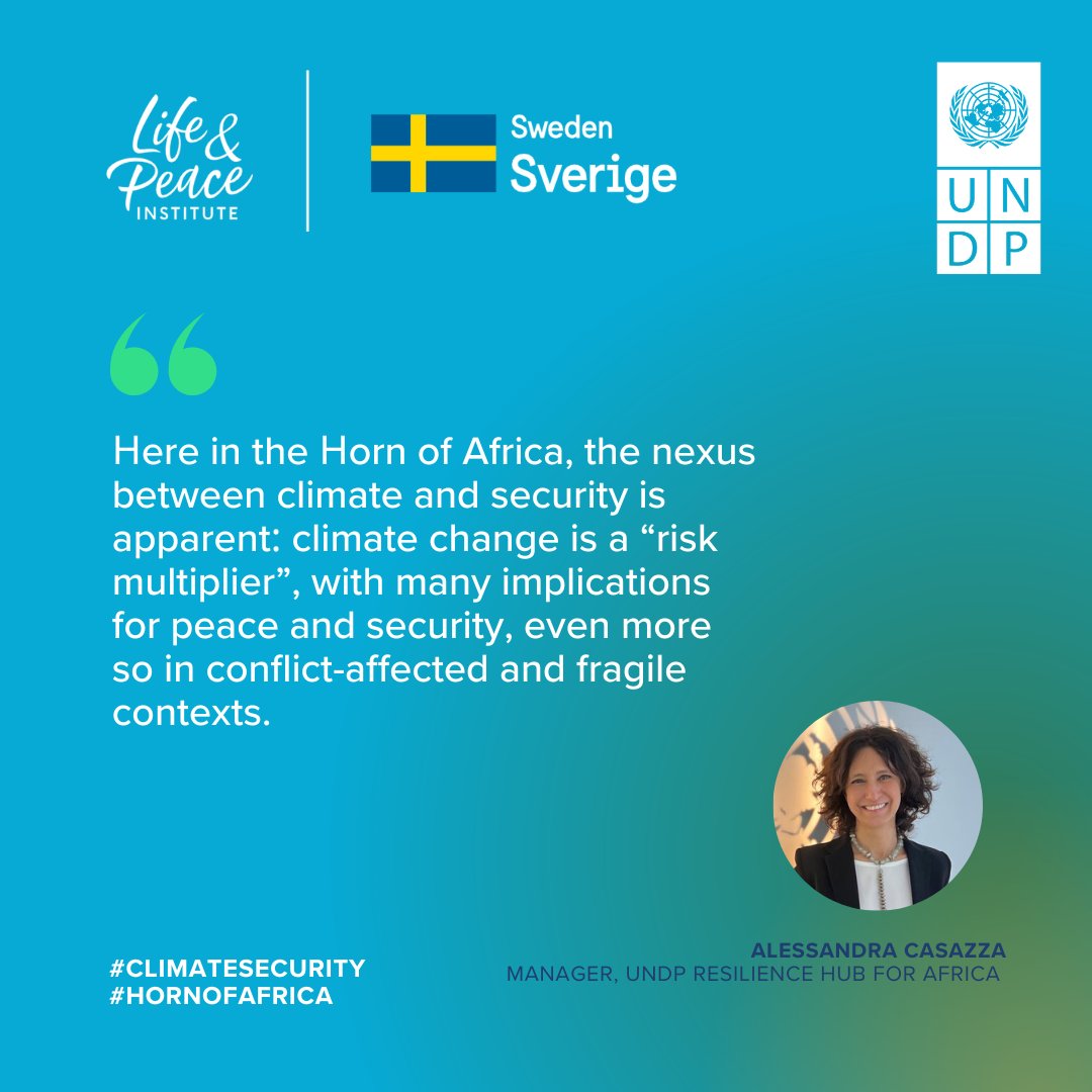 Climate change is a risk multiplier for peace &amp; security, according to <a href="/alecasazza/">Alessandra Casazza</a> - Manager of the UNDP Resilience Hub in Africa.

Stay tuned for ➕ updates on the UNDP - <a href="/LPI_voices/">Life&Peace Institute</a> 
report.

#ClimateSecurity #SustainingPeace #HornofAfrica