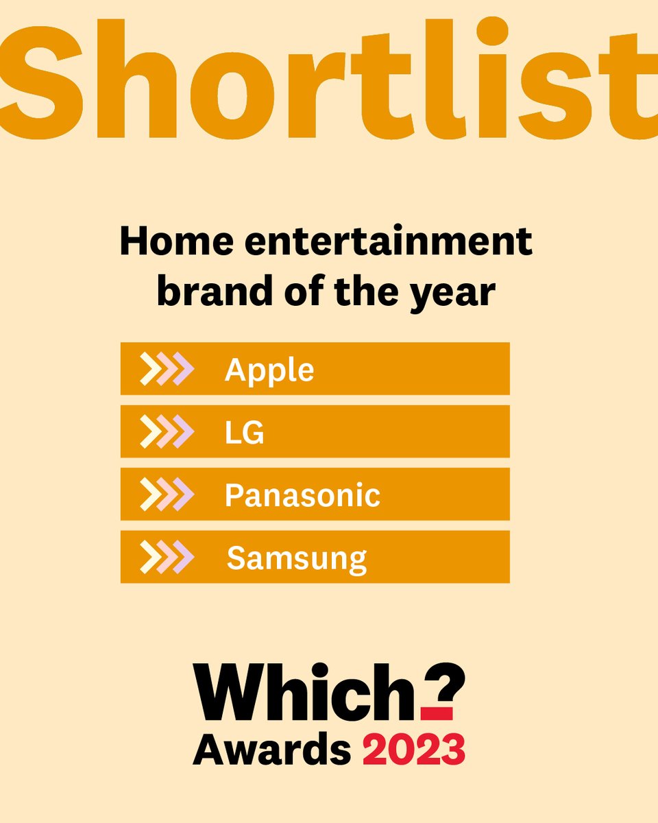 📢 Which? Awards 2023 shortlist. Home Entertainment Brand of the Year @apple @LGUK @PanasonicUK @SamsungUK #WhichAwards2023