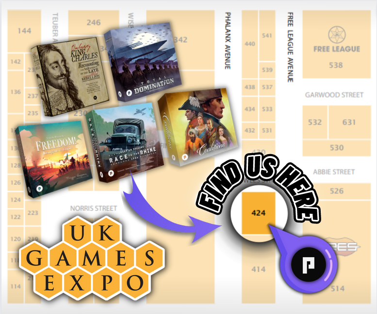PHALANX_LTD's tweet photo. Come and meet us at Booth 424, Hall 1 on UKGE! Be the first to experience the new edition of Unhappy King Charles, the diplomatic masterpiece Coalitions, World War II in 90 minutes with Total Domination, the stunning artwork of Bretwalda and the thrilling race in Keep'em Rolling. https://t.co/5EJMJHf7Jr