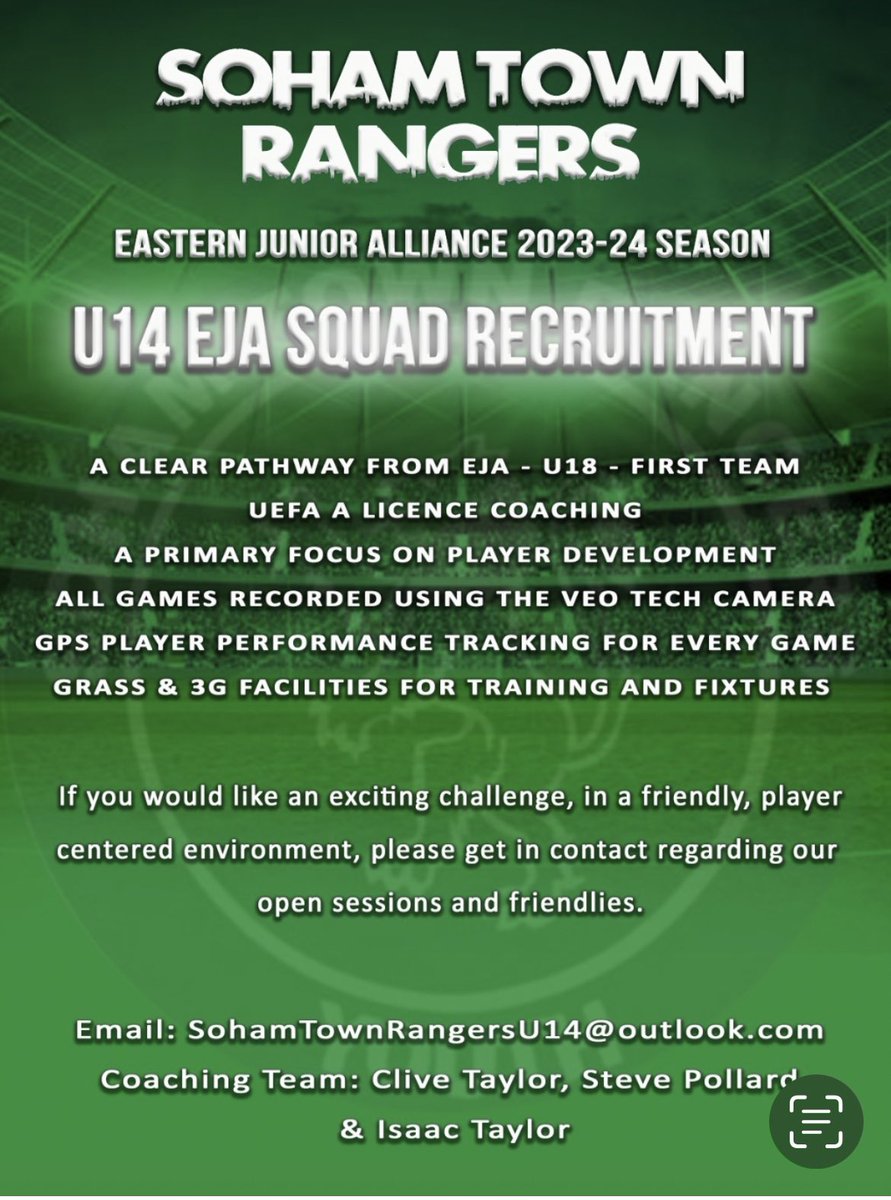 Delighted to announce Soham Town Rangers are entering an U14s team into the EJA league for the 2023/24 season. 
Soham Town will now be represented in U13s, U14s and U15s for the upcoming EJA season. 
If you are interested in trials or open training dates. Please get in touch