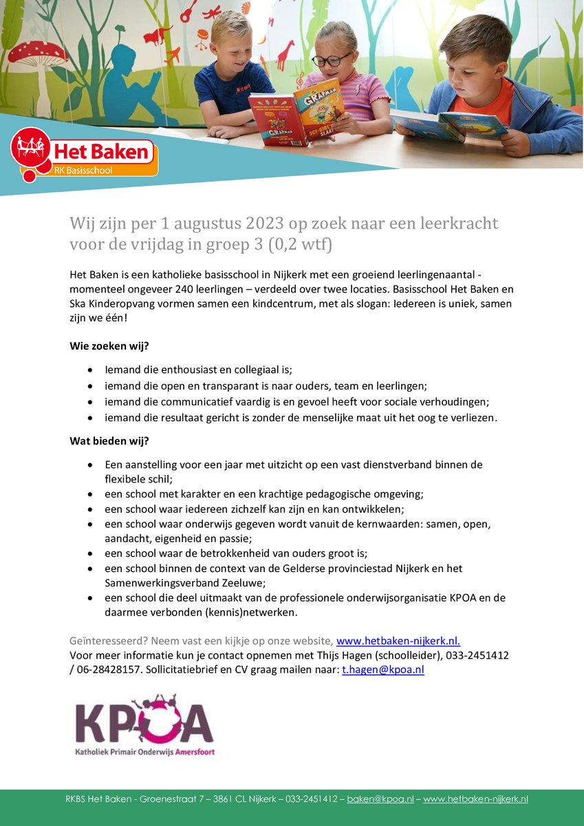 Het Baken is per 1 augustus 2023 op zoek naar een leerkracht voor de vrijdag in groep 3 (0,2 wtf)