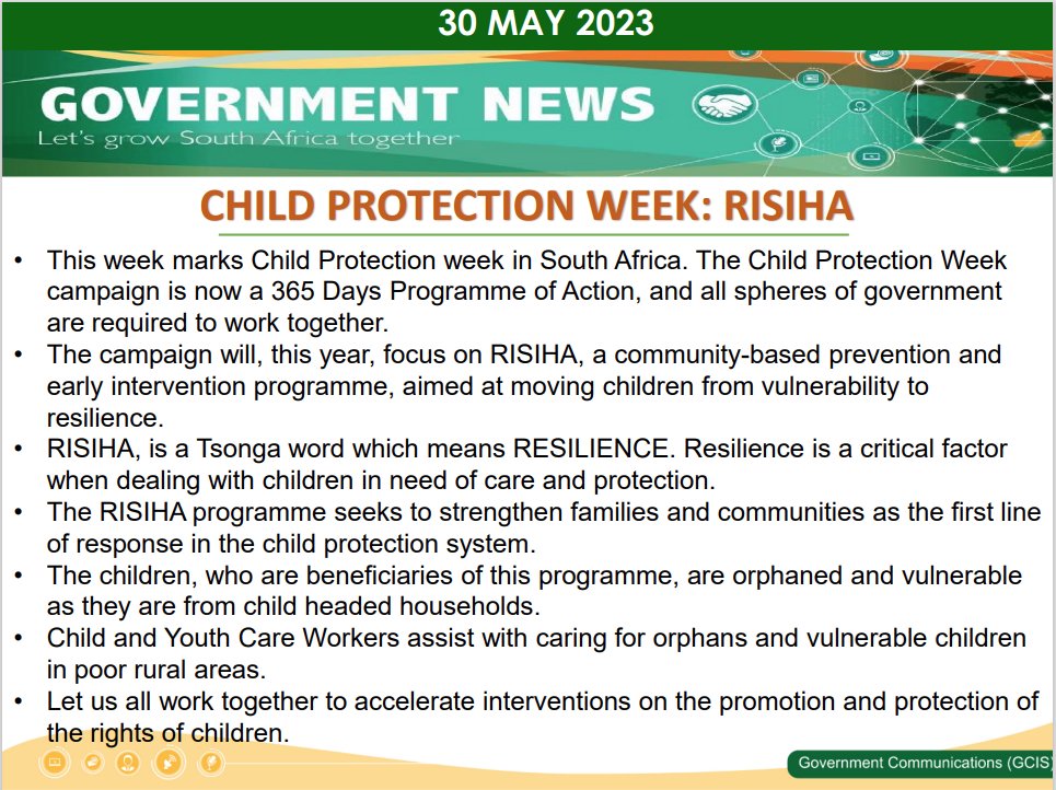'This week marks Child Protection week in South Africa. The Child Protection Week campaign is now a 365 Days Programme of Action, and all spheres of government are required to work together.'

#ChildProtectionWeek
#LeaveNoOneBehind
#GovernmentNews