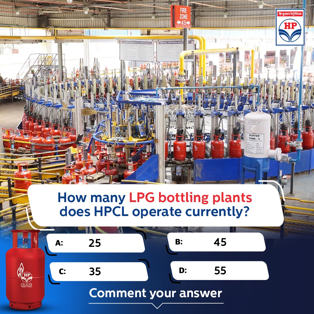 HPCL's tweet image. From dawn to dusk, we are working effortlessly with our team to meet the growing needs of people in the remotest corners of India. Take this quiz to know more about our bottling plants. Comment your answer. #LPG #CleanFuels #HPCL #CookingGas #HPGas