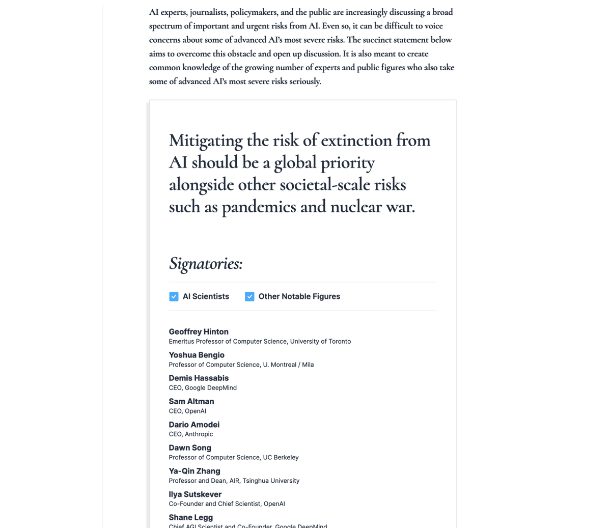 A large number of the biggest names in AI just released a statement saying: “Mitigating the risk of extinction from AI should be a global priority.” Here is the statement and the full list of signatories: safe.ai/statement-on-a…