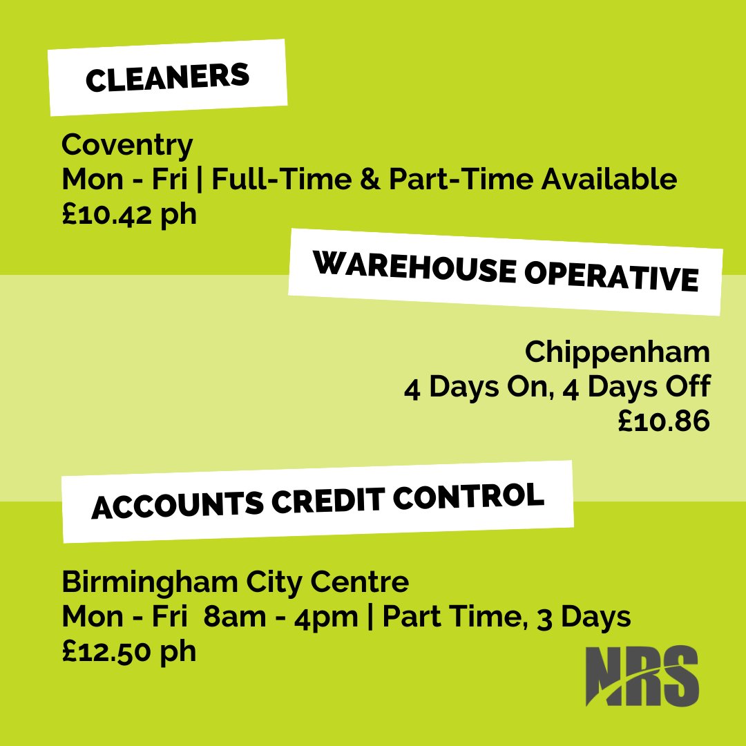 NRS HOT JOBS 📢💥

This week's Hot Jobs are here! ⬆️

✅ Cleaners
✅ Warehouse Operative
✅ Accounts Credit Control

Get in touch to apply for these roles:
📞 0121 796 2474 
📧 birmingham@nelsonrecruitmentservices.co.uk

#recruitmentservices #warehouseoperative #cleaner #credit