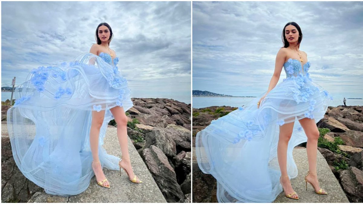 #ManushiChillar left everyone in awe with her mesmerizing presence & stunning red-carpet looks at the #CannesFilmFestival. Her fashion choices were bold and fierce, making a bold statement. Her dreamy blue dress was simply mesmerizing! 🌟🌺 Manushi is a true fashion goddess! 🌟💃