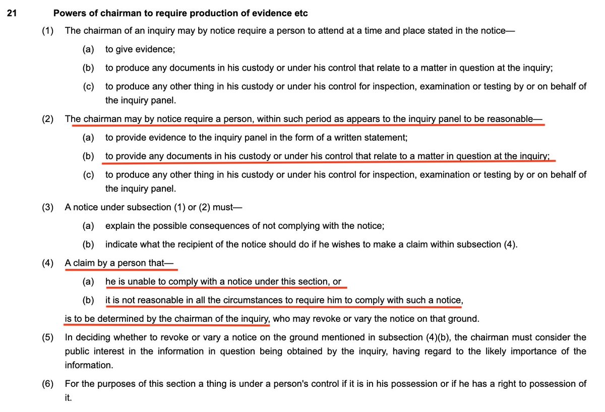 The Inquiries Act states that the Chair of a public inquiry, such as the Covid Inquiry, has the legal right to demand any documentary evidence that relates to their work. 

It is up to the Chair, rather than the holder of the evidence to decide whether any request is reasonable.