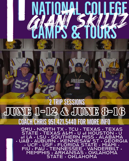 9 states 16 camps 32 college visits . June 1st-12th (1st leg) June 8th-16th (2nd leg) . All Linemen Tour powered by yours truly. #power5 #groupof5 #D1AA #D2 #D3 #NAIA we’re covering it all!!  #LetsGetOffered🆙 #MegaCamps #PrivateWotkouts 
#SouthTour
📍Texas to 📍Florida 
#Gz🆙