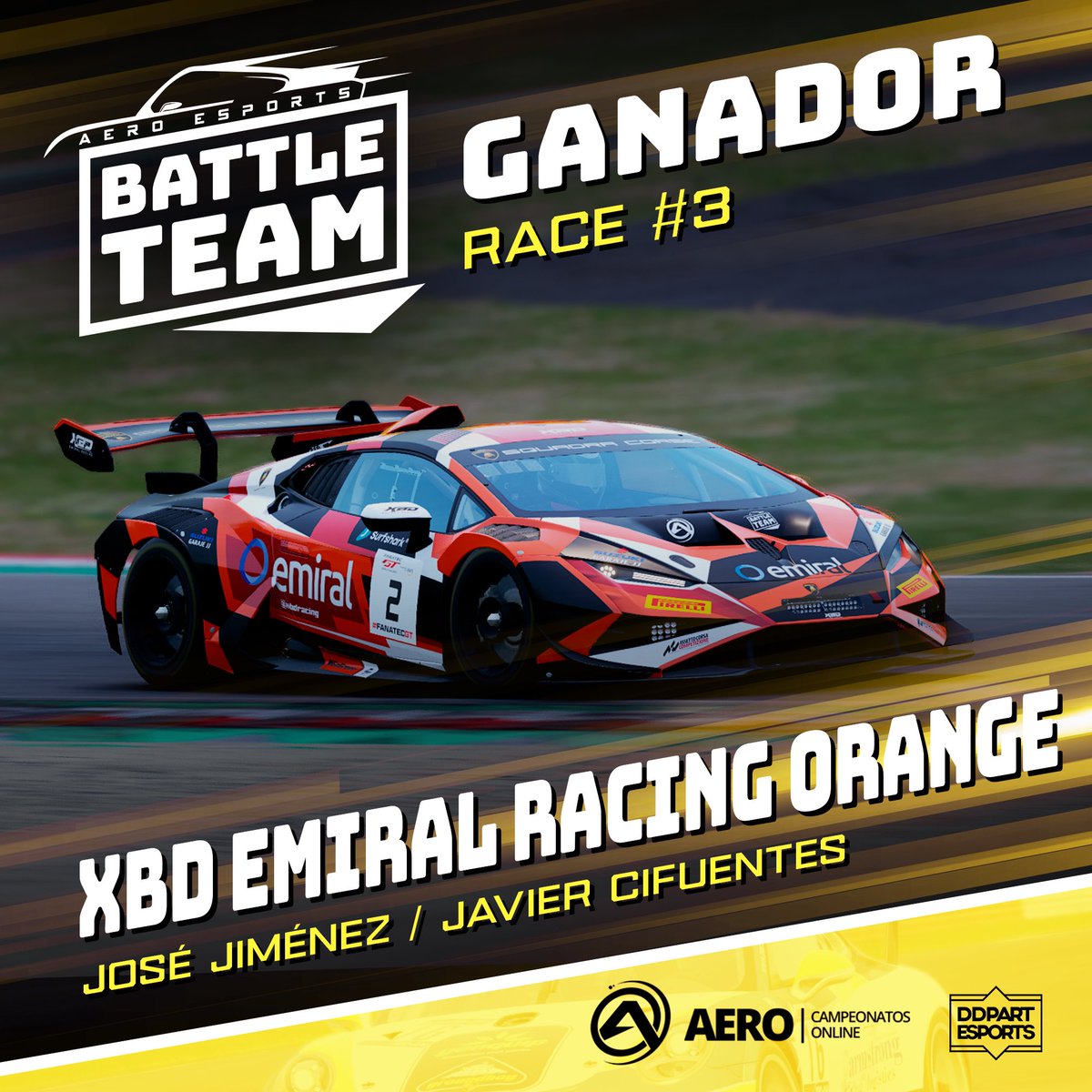 🔊BATTLE TEAM II

<a href="/jjimenezigl/">José Jiménez</a> y <a href="/Zyfu68/">Javier Cifuentes</a> son los ganadores de la tercera carrera en el circuito de Imola. 

#simracing #beACC #esports