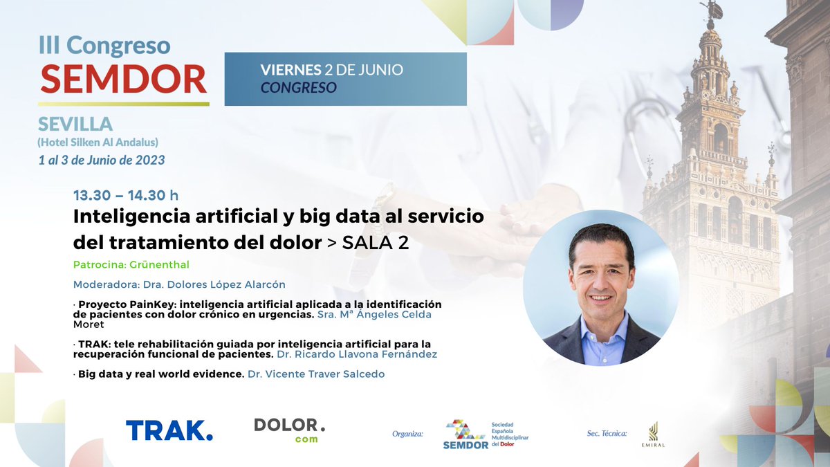 SEMDOR2's tweet photo. 🔝🔝Más de 4⃣0⃣0⃣ profesionales expertos en tratamiento del dolor participarán en el #congresosemdor2023 del 1 al 3 de junio en #Sevilla.
🧐Se abordarán temas innovadores, como la inteligencia artificial y big data al servicio del tratamiento del #dolor.
¿¡Te lo vas a perder⁉️ https://t.co/0Q7olC5LUo